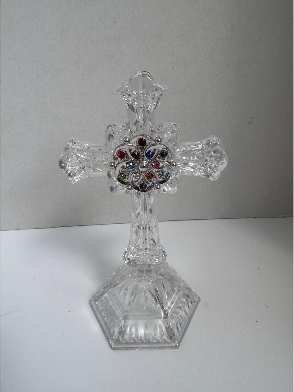 Vintage Lenox Crystal Standing Cross Figurine w/ Multi‑Color Rhinestones